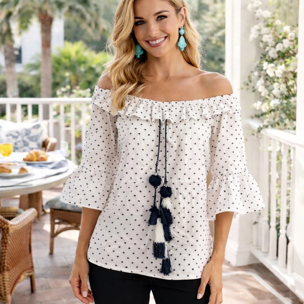 Melissa Paige, Polka Dot,Cotton,Multi-Tassels ,Boho Peasant Blouse,Top,Size S
